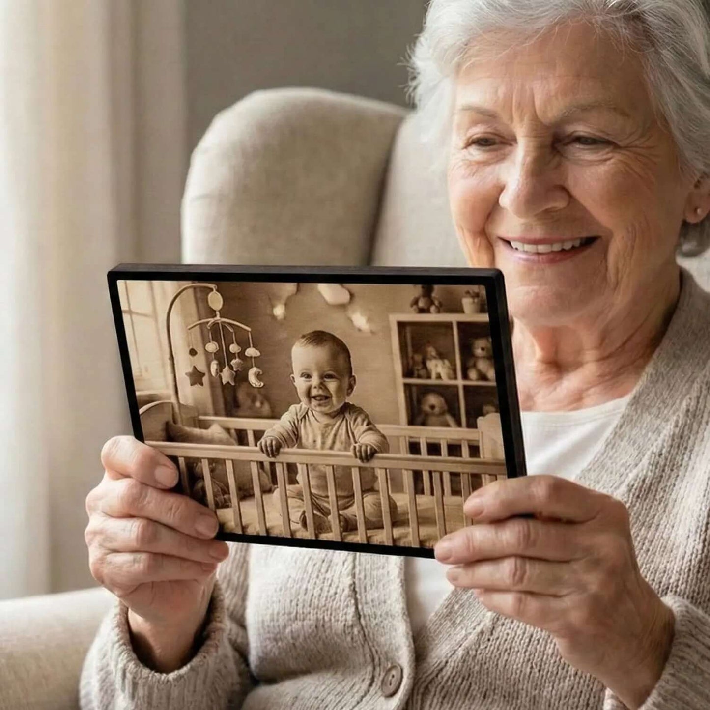 Gifts: Personalized Wooden Picture Keepsakes featuring a smiling grandmother holding a cherished photo of her grandchild.