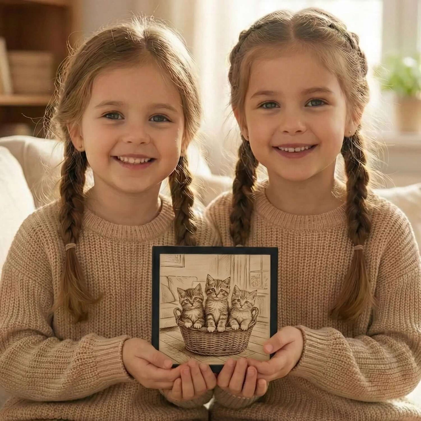 Two smiling girls holding a personalized wooden picture keepsake featuring kittens, perfect for Gifts.
