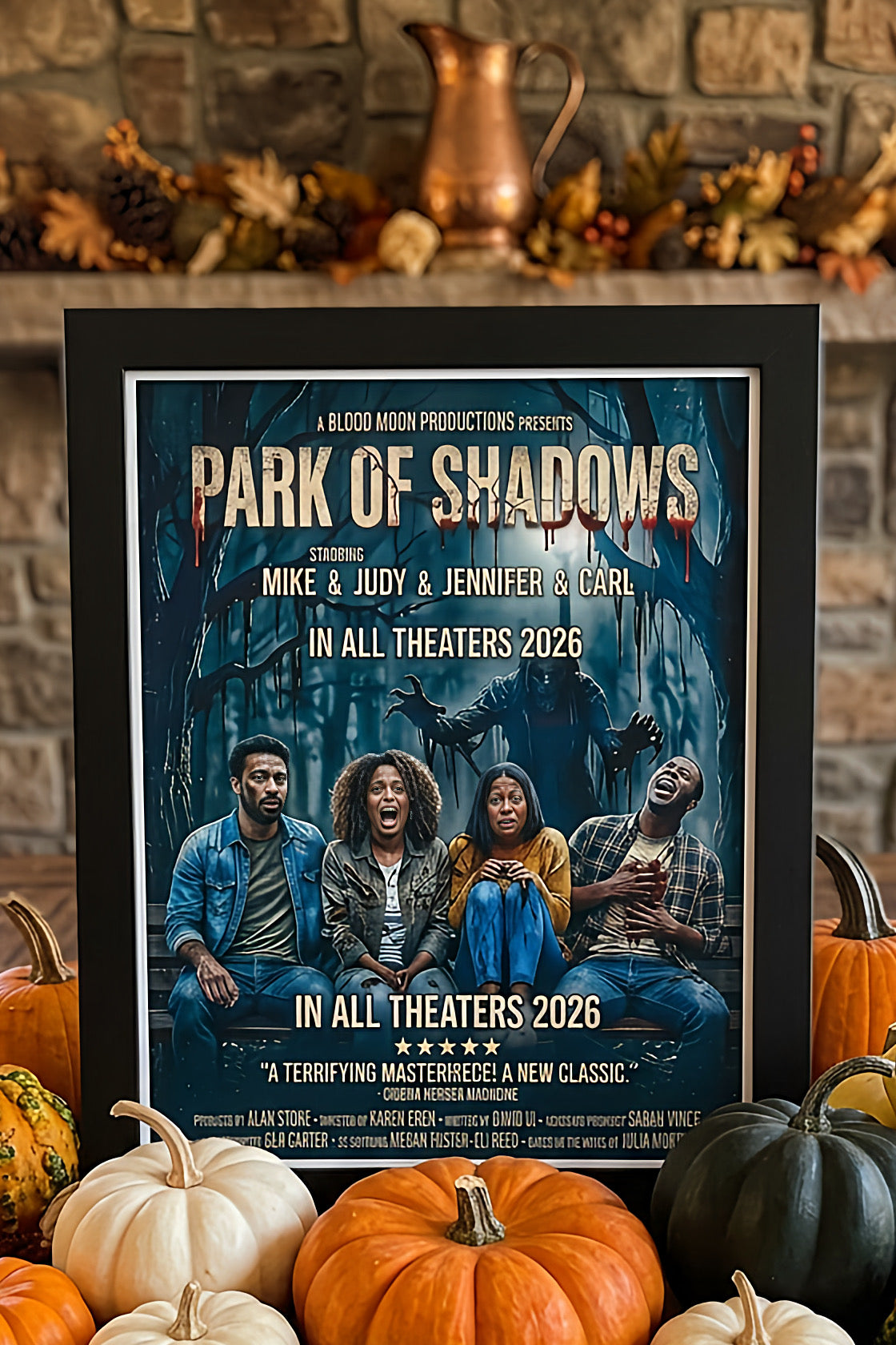 Custom horror movie poster featuring characters in a spooky forest setting with pumpkins in the foreground.
